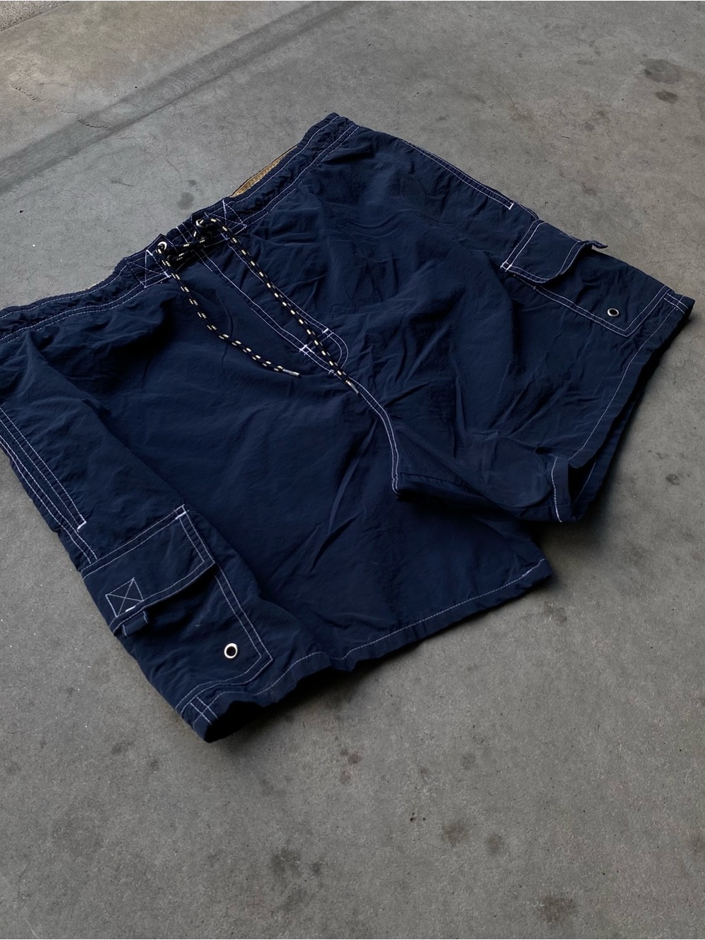 Vintage Catalina navy blue swim trunks with white mesh